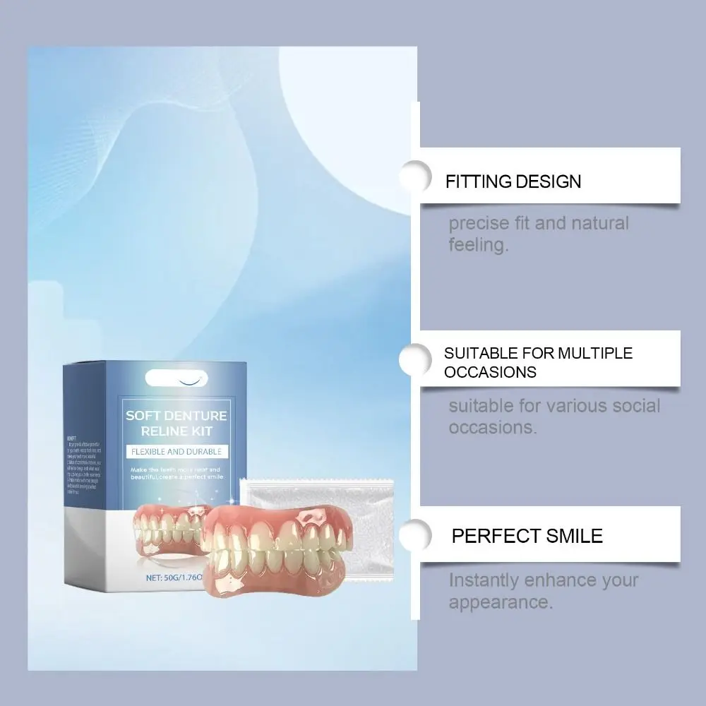 Silicone Upgrade Silicone Reline Denture Set Upper and Lower Veneers Teeth Soft Silicone Reline Kit with 50g Teeth Glues