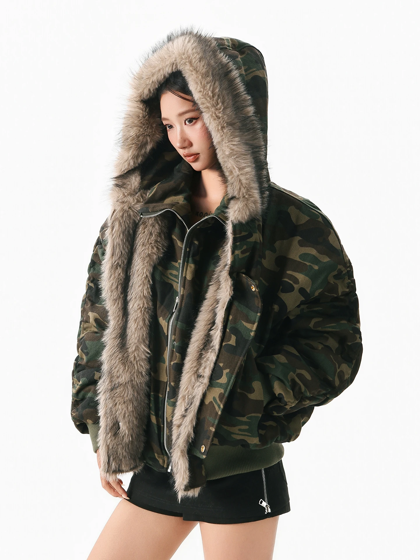 

Boeax American Retro Hooded Cotton Jaet Women's Winter New Sle Warm Casual Fur Collar Splicing Camouflage Coat