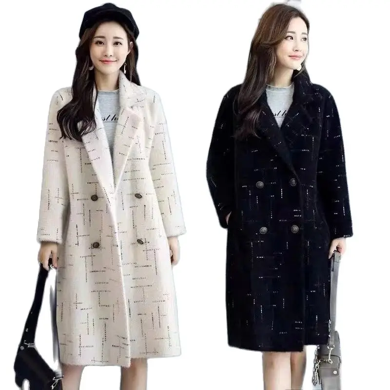 Fashion New Thick Imitation Mink Velvet Women Woolen Coat Autumn Winter Jackets Double Breasted Suit Collar Female Outwear
