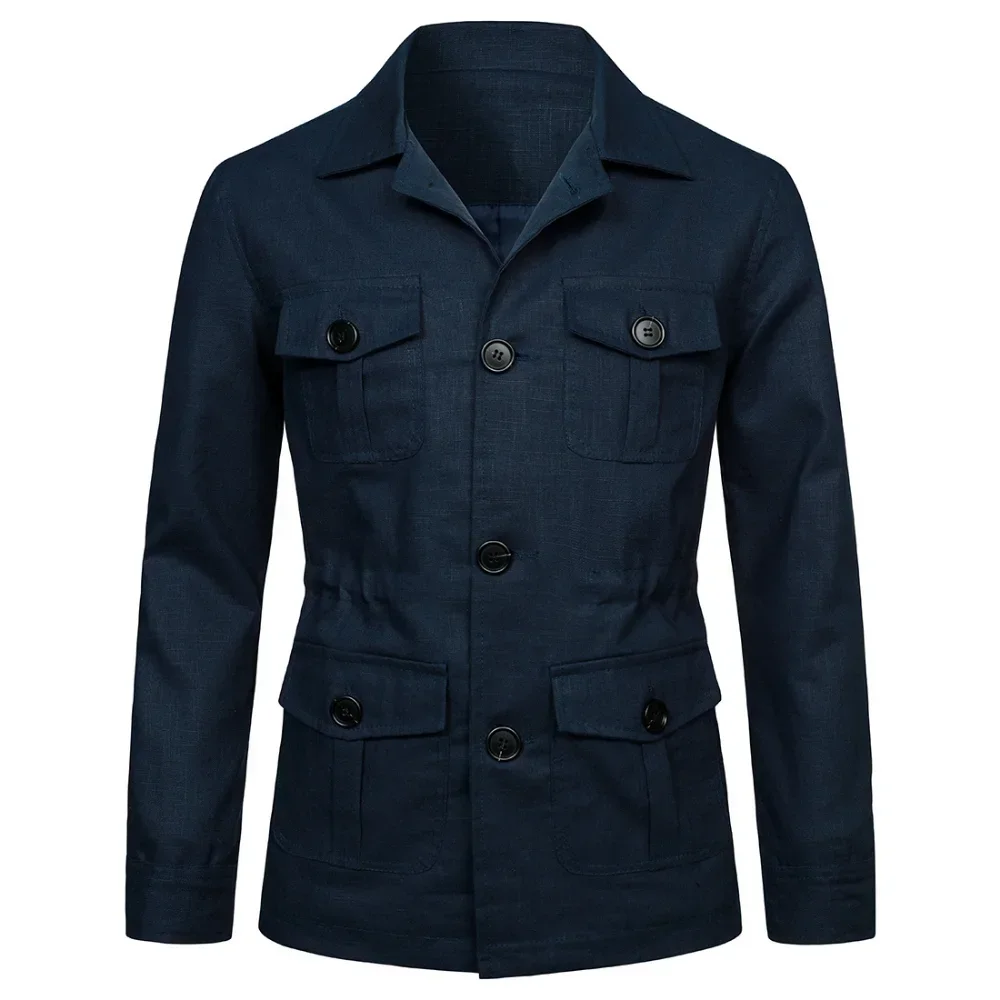 Mens Coats Safari Jacket Linen British Retro Gentry Suit Pockets Outerwear Fashion Solid Color Male Tops