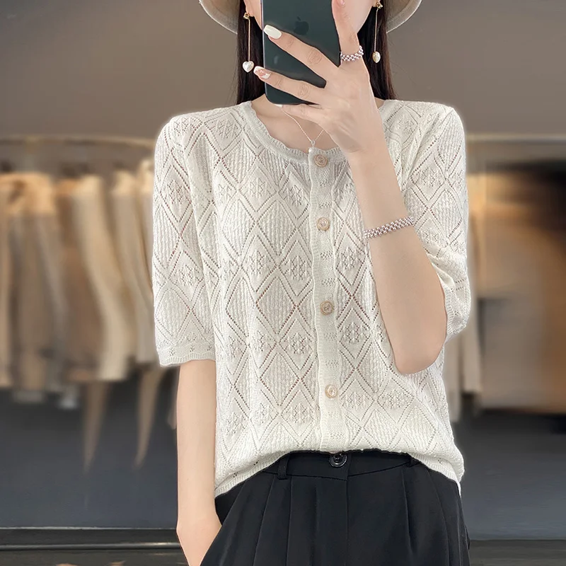 

2014Summer knitted short sleeved T-shirt women's loose cardigan sweater slimming hollow thin top loose solid color top