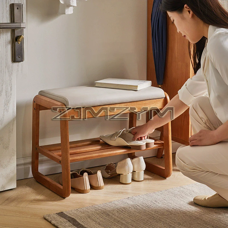 Solid Wood Soft Seated Shoe Cabinet Living Room Changing Shoe Stool 2 Layers Design Hallway Bench Space Saving Shoe Shelf