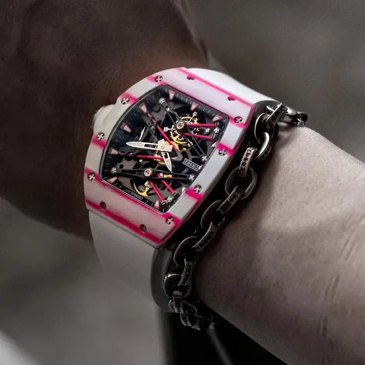 CRONUSART Men Tourbillon Watch 50mm Tonneau Mechanical Wristwatch Carbon Fiber Case Sapphire Mirror Luminous FKM Strap