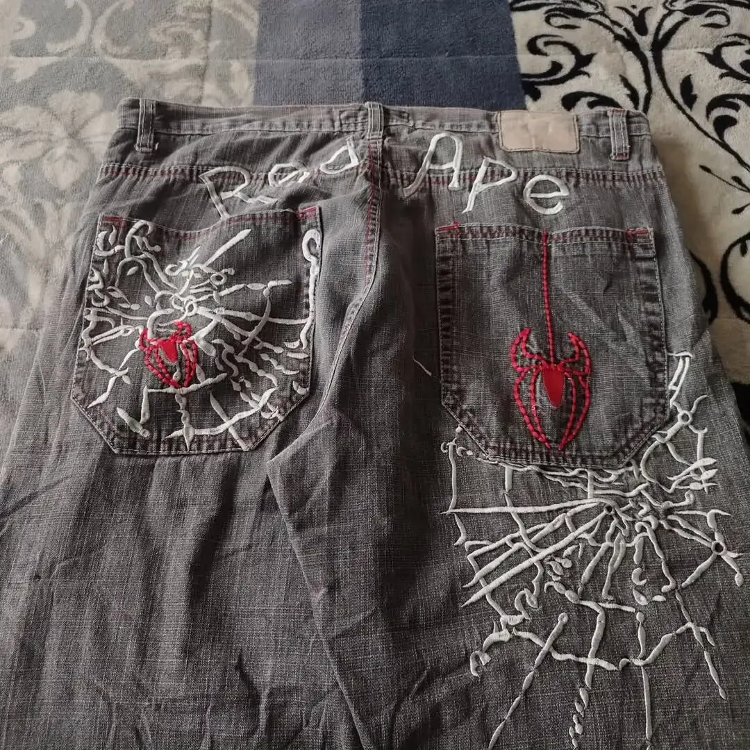 

American Street New Vintage Spider Pattern Embroidery Jeans Y2K Hip Hop Gothic Wide-Leg Pants Women Trend Harajuku Loose Jeans