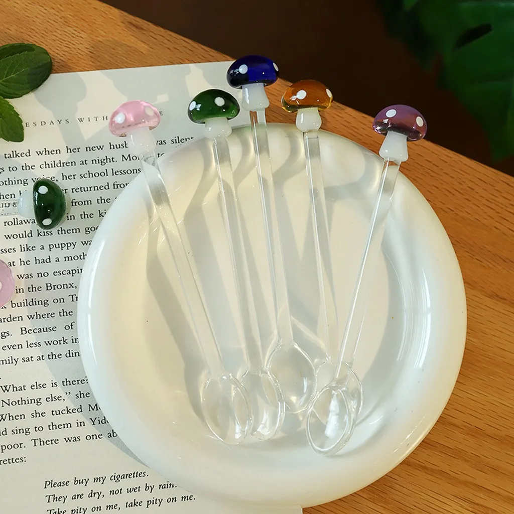 Cute Mushroom Glass Spoon Creative Coffee Spoon High Borosilicate Heat Resistant Dessert Teaspoon Long Handle Cocktail Stirrer