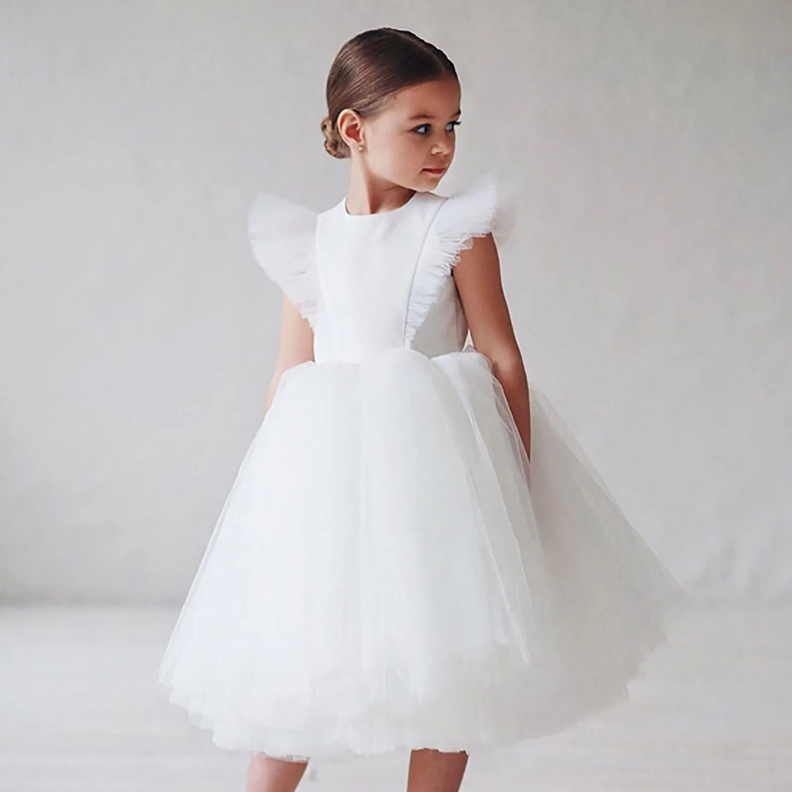 Vestido de princesa esponjoso elegante para niña, disfraz de ceremonia de boda con flores para bebé, trajes de cumpleaños, vestido tutú blanco bonito, ropa de Gala para niños