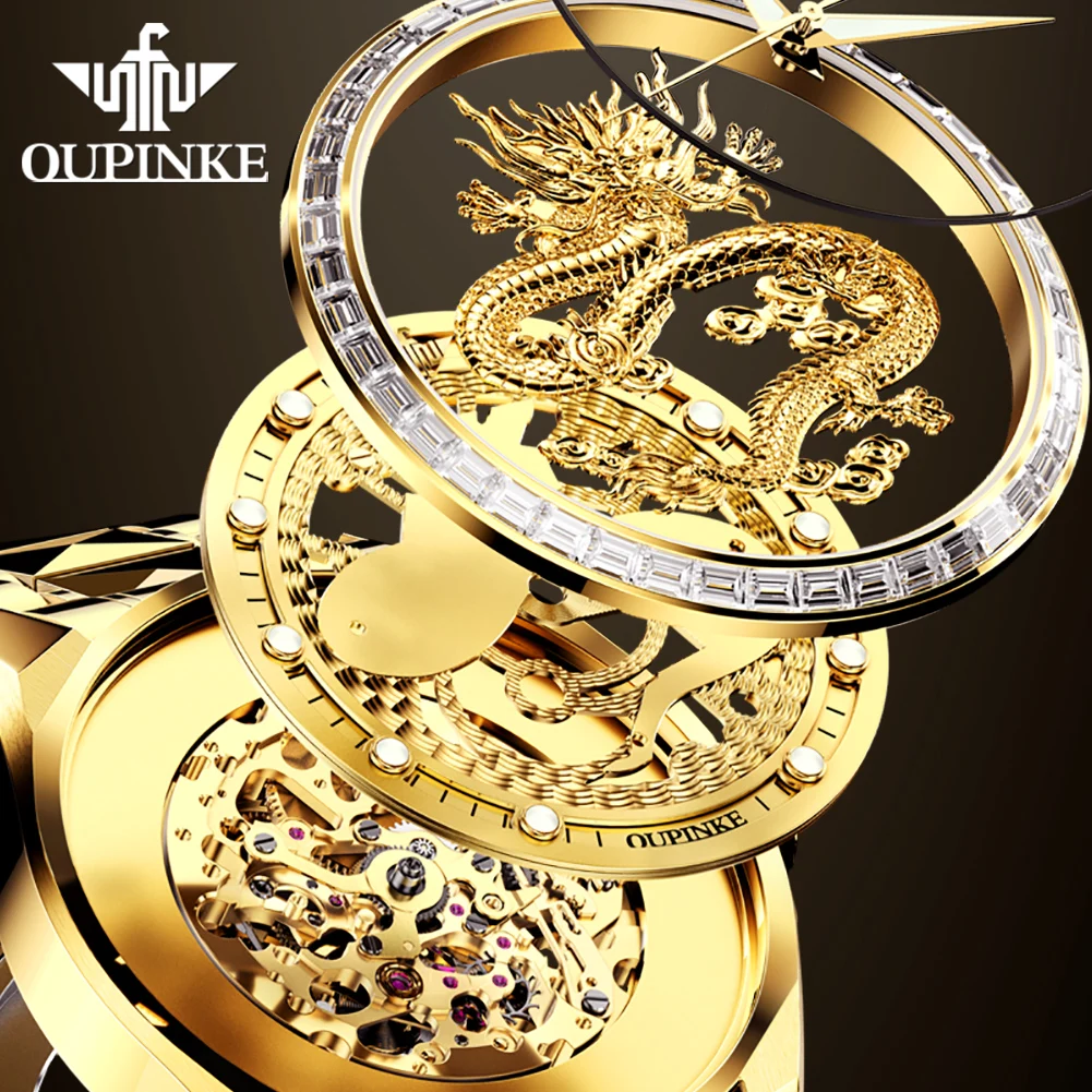 OUPINKE 3276 Gold Dragon Automated Men\'s Watches Imported Movement Tungsten steel Band Sapphire Mirror Men\'s Wristwatches Luxury