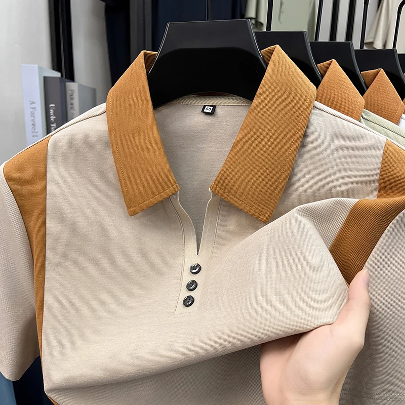 Hochwertiges Marken-Poloshirt aus Seide und Baumwolle mit kurzen Ärmeln bequemes atmungsaktives Herren-T-Shirt Sommer neue Mode Farbblockierung lässiges Oberteil – Detail 12