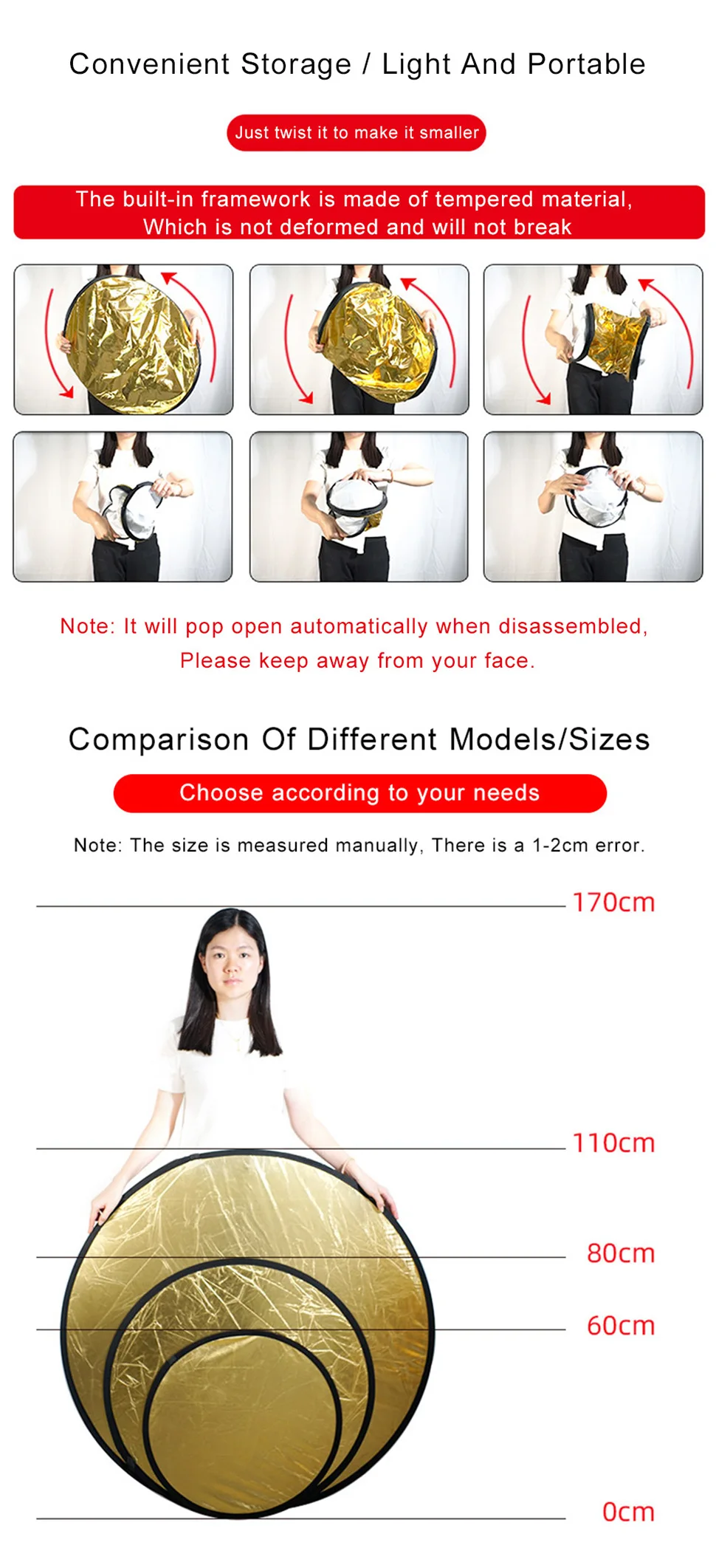 Ronde Fotografie Reflector Zilver Goud 2in1 Reflector Houder Zilver Wit Reflectie 30Cm 60Cm 80Cm 110Cm