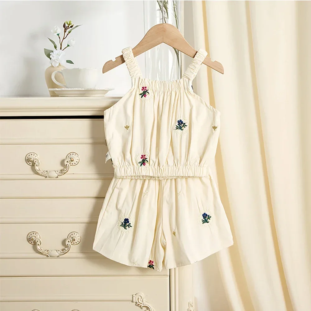 

0-3Y Sling Top and Shorts Sets Baby 2PCS Korean Style Summer Clothing Set for Girls Kid Delicate Embroidery Suit Toddler Outfits