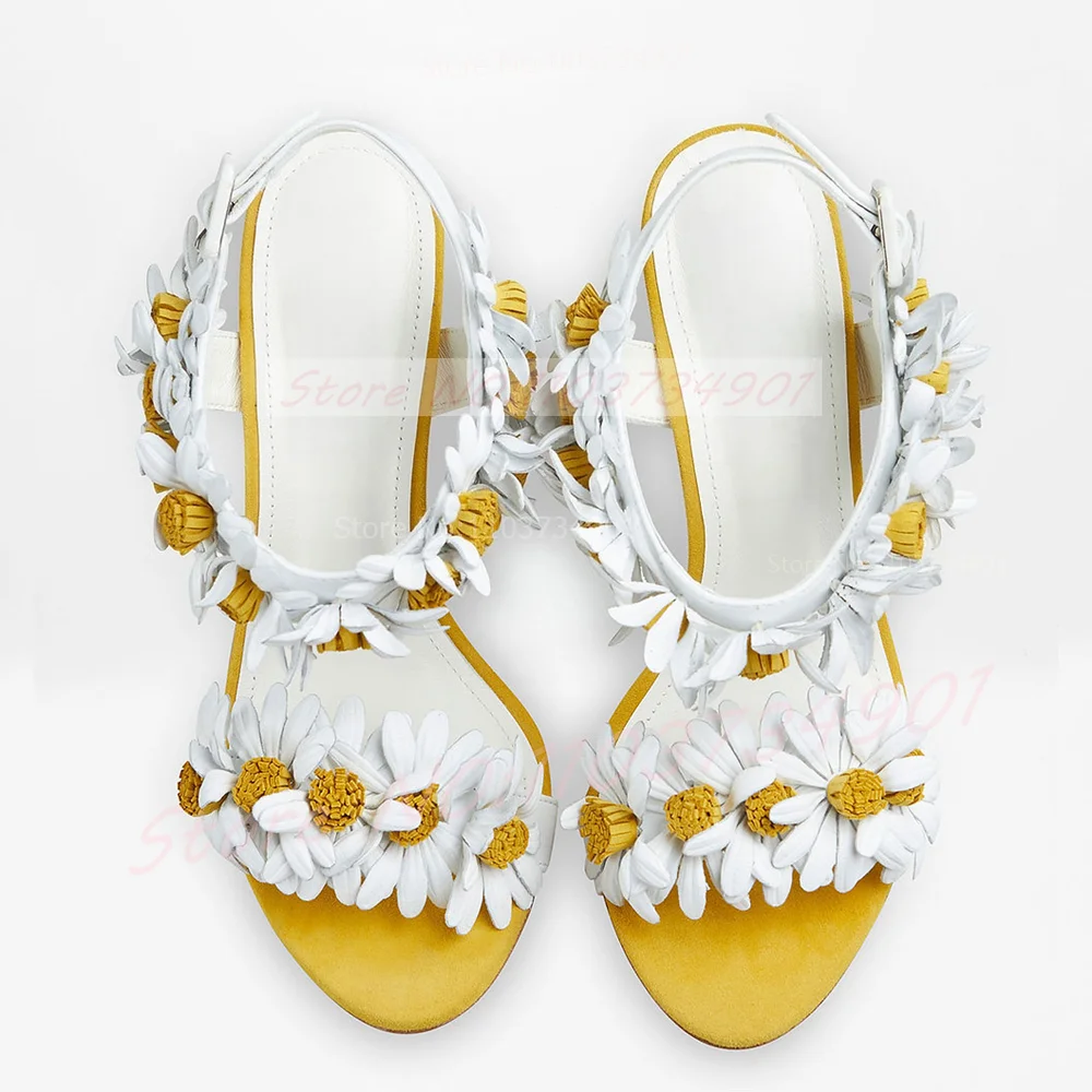 Yellow Daisy Suede Heeled Sandals Women Flowers Ankle Strap Color-blocking Round Toe Shoes Lady Casual Spring Elegant Sandals