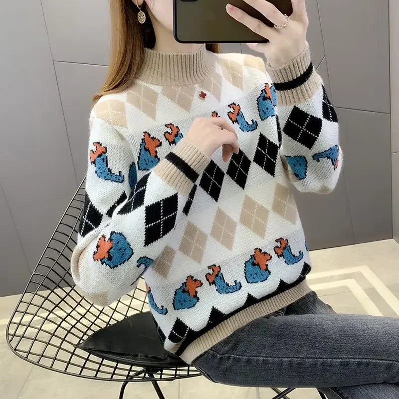 

Plush and Thickened Half High Neck Knitted Sweater and Top New Korean Style Western-style Base Sweater With