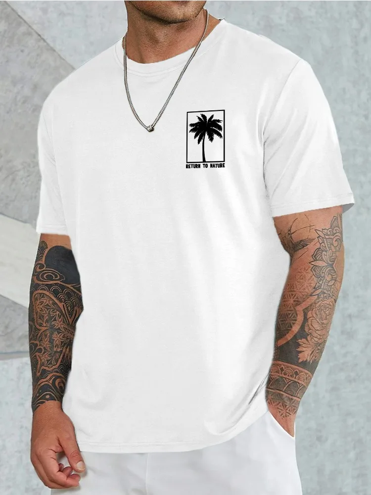 Men Summer Cotton Short Sleeve T Shirt Small Chest Palm Tree Return To Nature Square Print Crew Neck Casual Male Tee