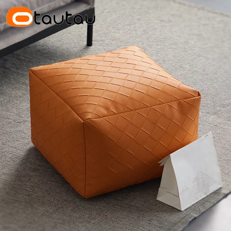 OTAUTAU Faux Leather Square Plaid Pouf Ottoman Stool Door Side Footrest Footstool Floor Seat Beanbag Futon with Filler JD012