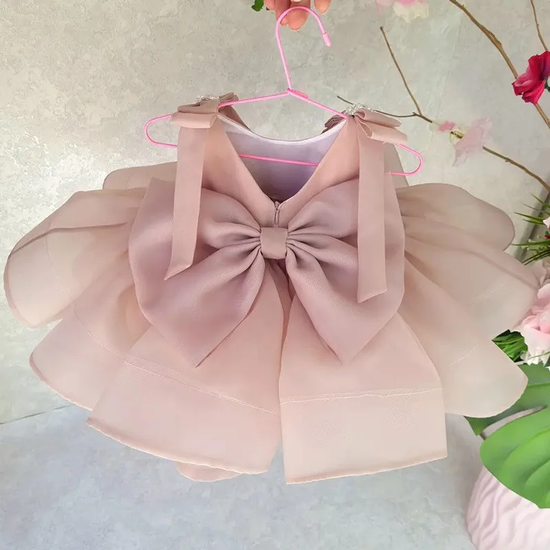 Girls Princess Dress Pink Satin with Bow Fashionable and Versatile Beautiful Puffy Dress for Shows and Parties