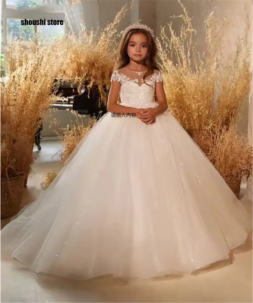 

Индивидуальные платья принцессы с цветочным узором для девочек на свадьбу, элегантное платье с короткими рукавами и аппликацией, пышное платье для дня рождения, первого причастия