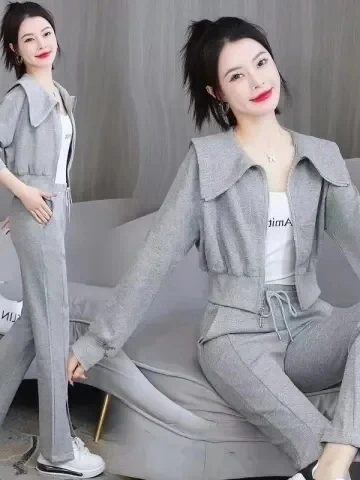 plus Size Fashionable Long Sleeve Sweatshirt And Wide Leg Pants Two Piece Set Comfortable Elastic Waist Casual Sporty Style