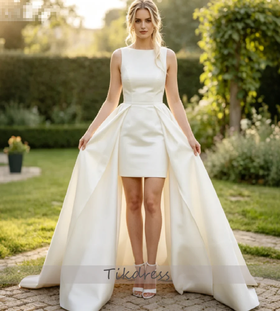 Elegant Satin Courthouse Civil Wedding Dress With Overskirt Train Sleeveless Hi Low Elopement Bridal Gown 2026 Simple Reception