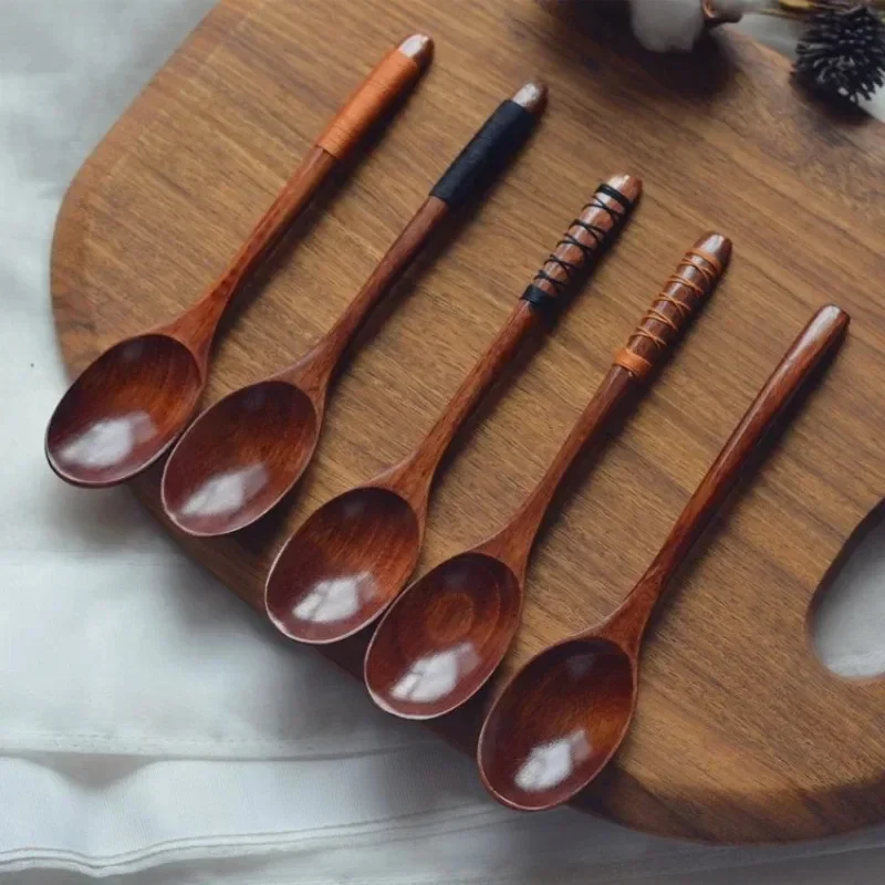 1Pc Handmade Wooden Spoon Wrapped Wire Dessert Rice Soup Spoon Long Handled Kids Spoon Teaspoon Catering Kitchen Accessories