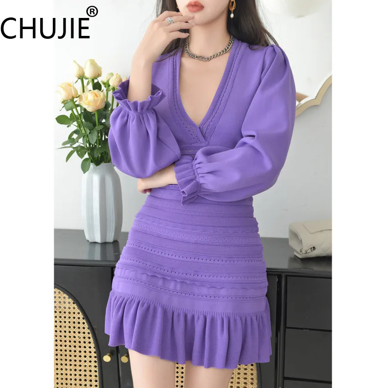 

CHUJIE Women's Dress looks slim with lantern sleeves long sleeves V-neck hollowed out high waisted dress 2025 Spring New