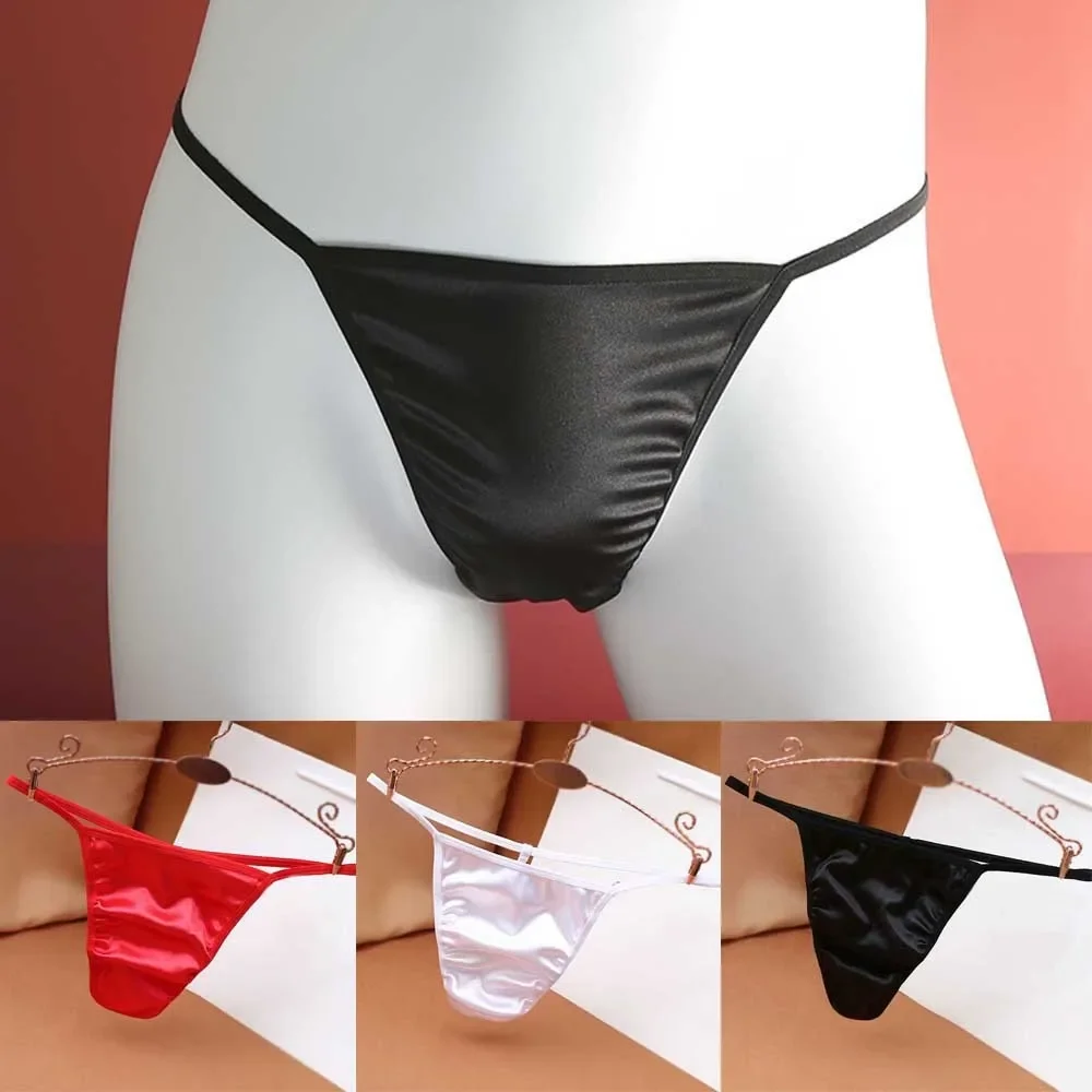 Men\'s Shiny Satin Underwear Sexy Erotic G-string Thong Briefs Bulge Pouch Breathable Panties Male Bikini Underpants Micro T-Back