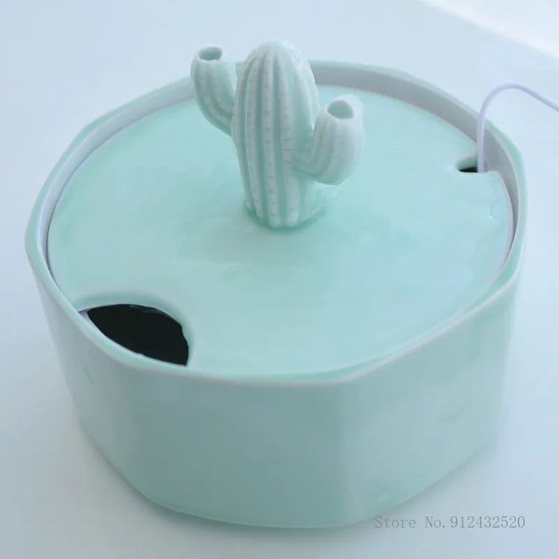 Creative Ceramic Cactus Shape Cat Bowl, Water Dispenser, Automatic Circulating Water Feeder, Pet Bowls Supplies, 1Pc