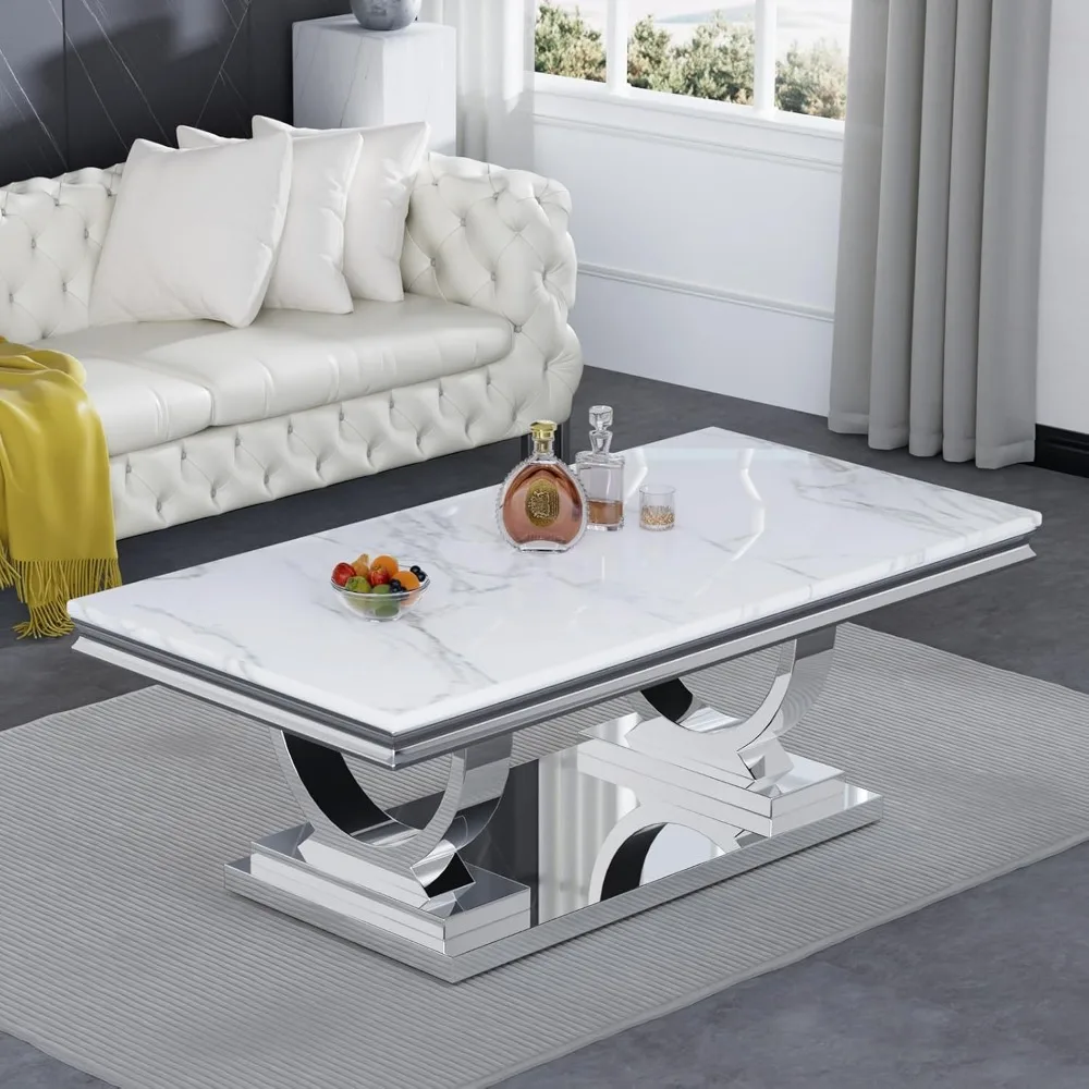 Modern Marble Coffee Table, White and Silver with U-Shape Stainless Steel Base with Silver Mirrored Finish Coffee Table