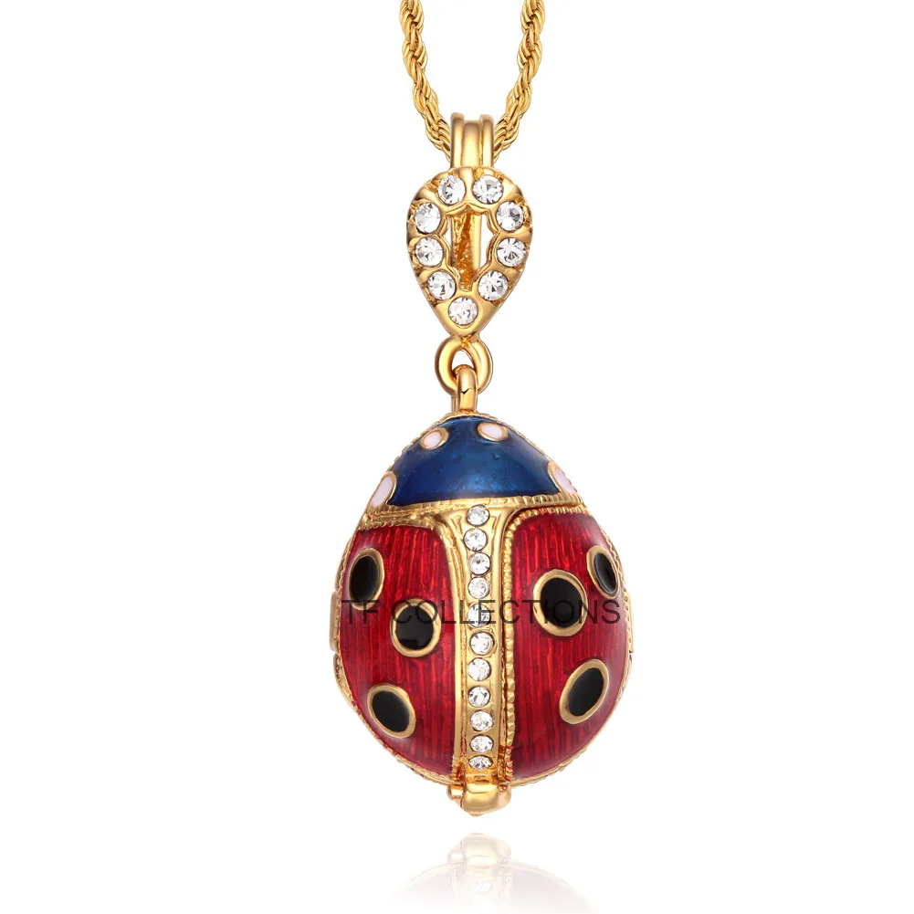 YAFFIL Red, Black And Gold Enamel Ladybug Decorative Pendant With Diamond Set Opening Necklace