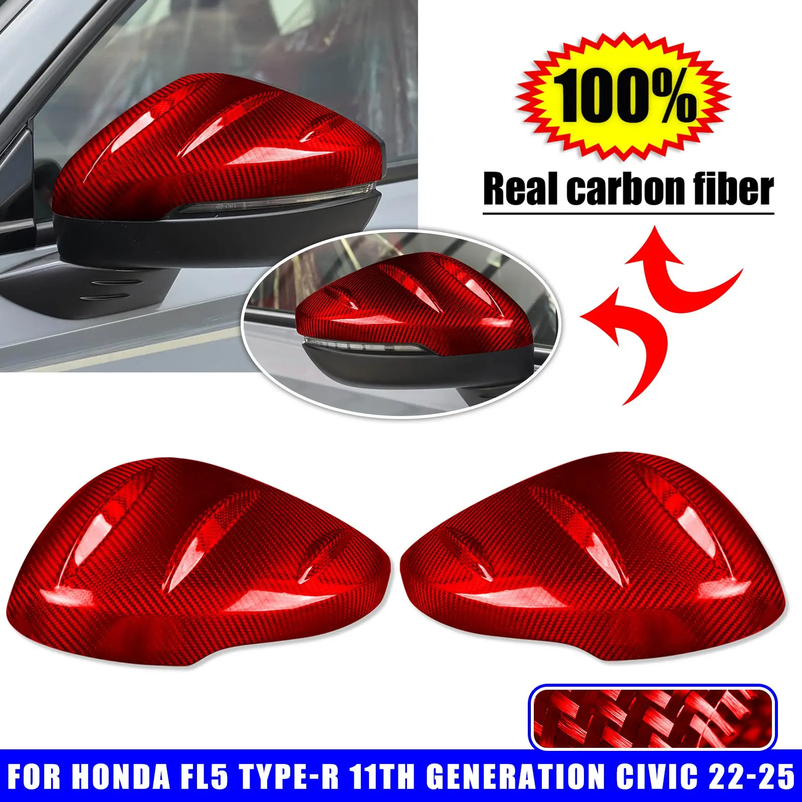 Real Carbon Fiber Car Side Mirror Cap Add-on Covers For Honda Civic Type-R FL5 2022-2025 view 3