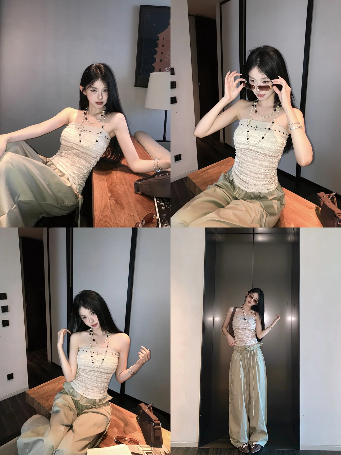 

Укороченный топ с заклепками Millennium Okaaay и брюки с высокой талией, комплект из двух предметов, двуцветный облегающий жилет через плечо, корейский Sle Commute