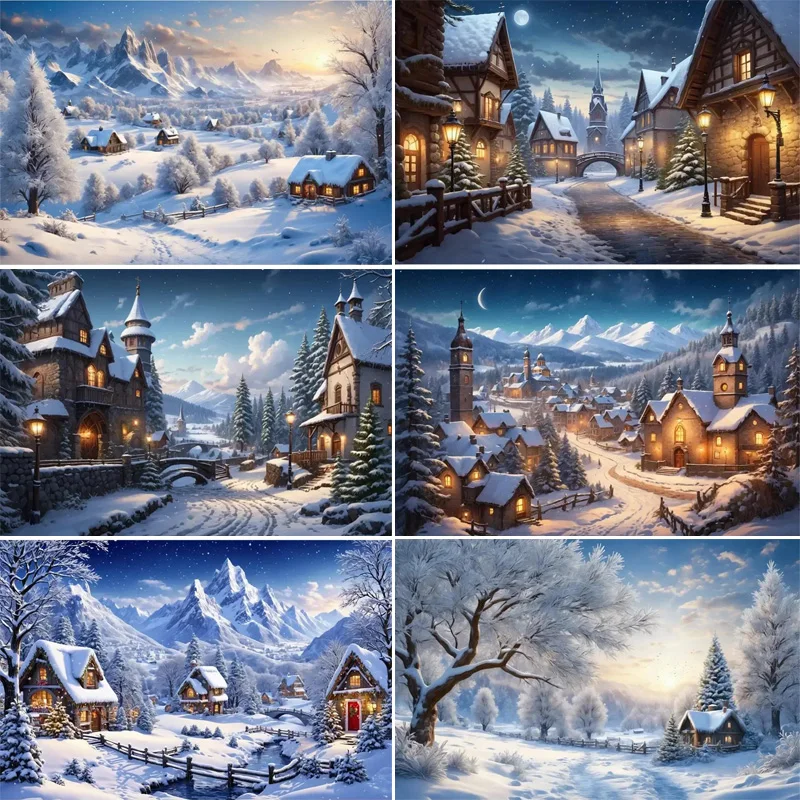 

Winter Christmas Village Photography Backdrops Home Decoration New Year Snow Town Mountain Wooden House Photo Background XD-01