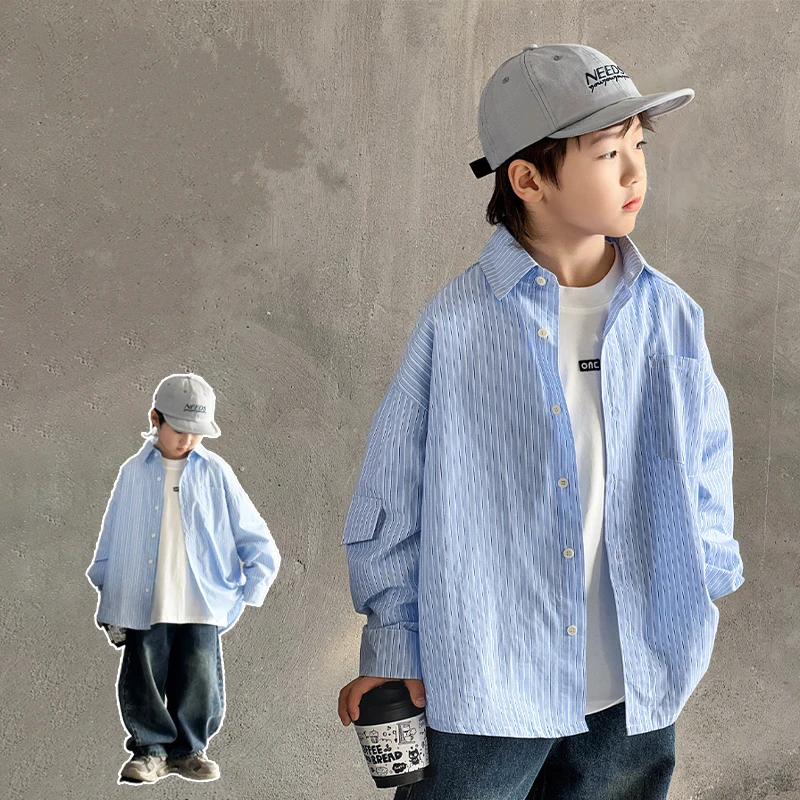 Korean Kids Blue Vertical Striped Autumn Shirt for Boy Classic Design Long Sleeve Shirt Blouse Children Casual Clothing Age 3-14