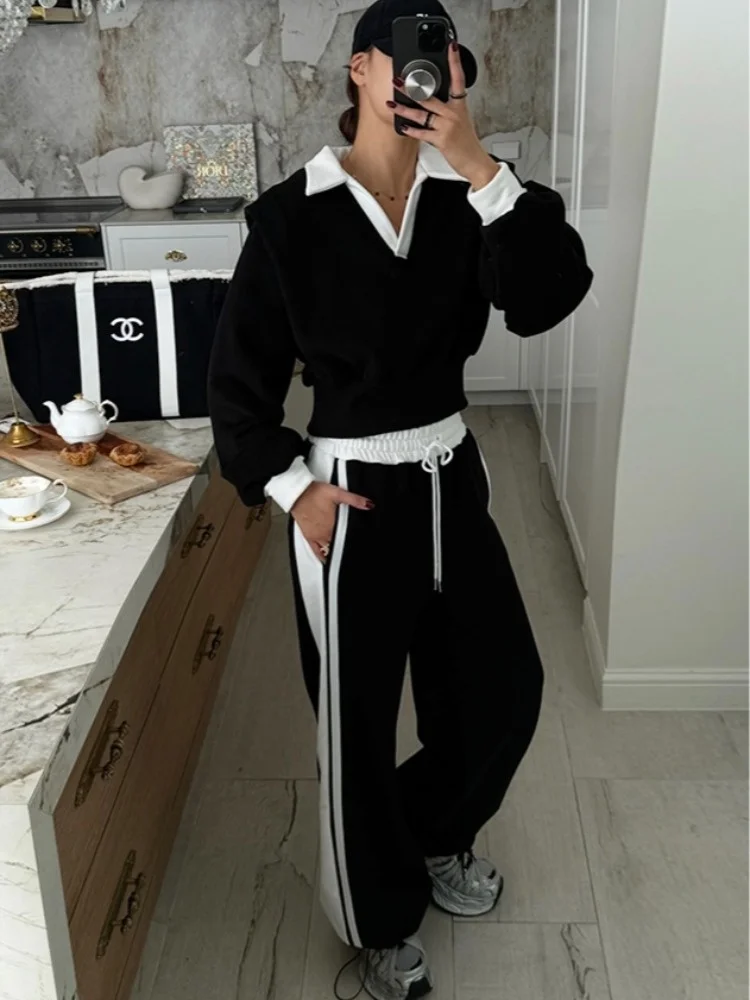 Conjunto de ropa deportiva informal para mujer, sudadera de invierno con Color lateral, pantalones largos, traje con cuello versátil