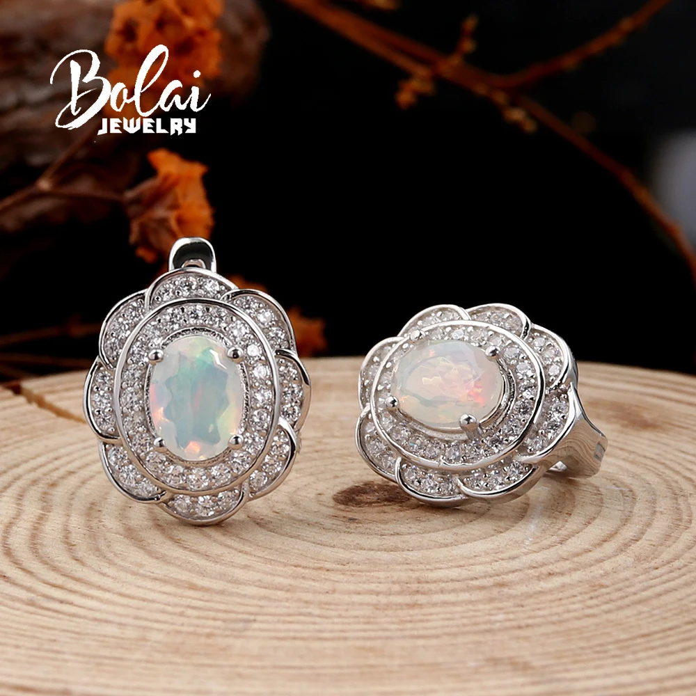 Light Luxury 925 sterling silver Clasp Earrings Natural opal October Birthstone Fine Jewelry for Women's Banquet Festival wear