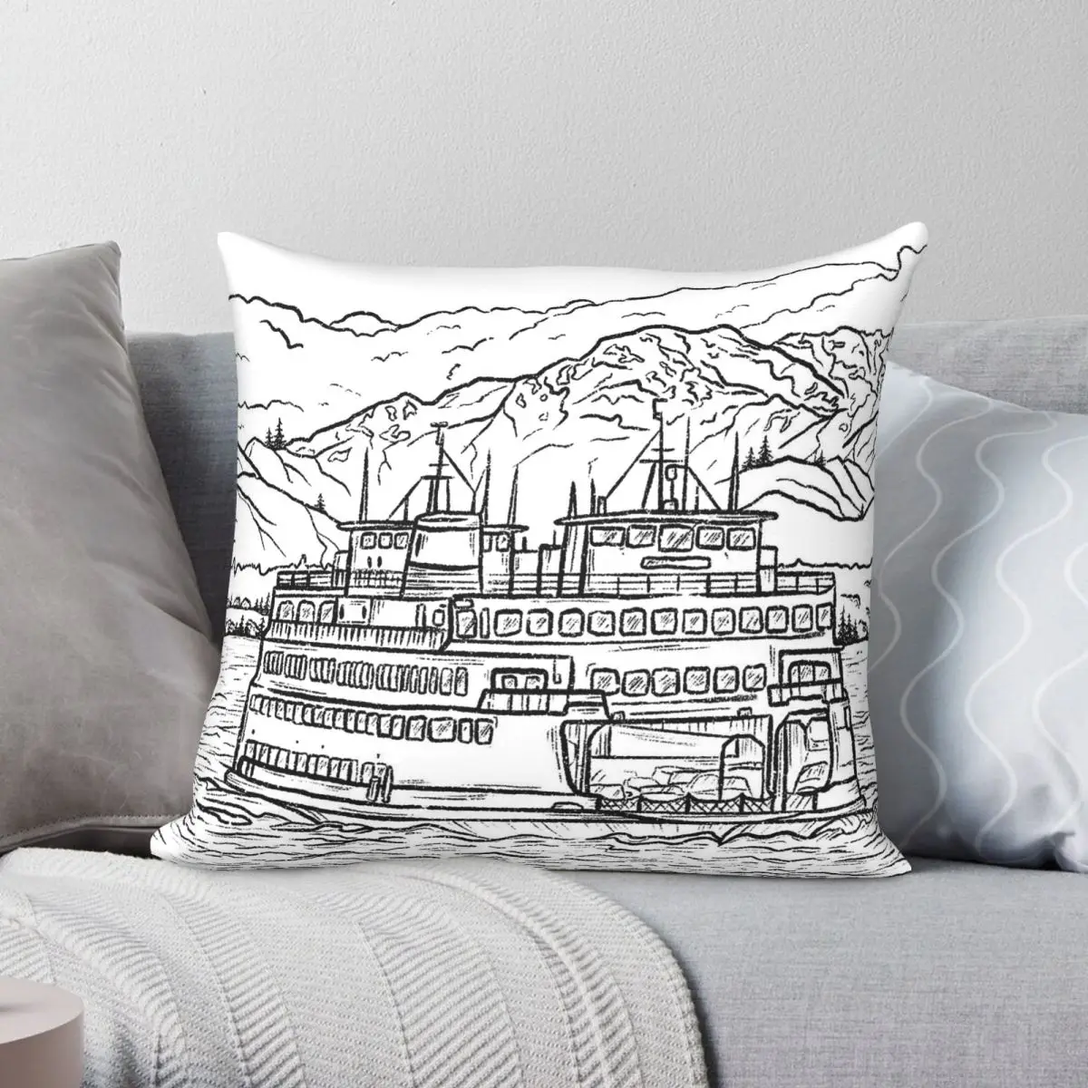 Washington State Ferry Sketch Square Pillowcase Polyester Linen Velvet Creative Zip Decor Pillow Case Home Cushion Cover