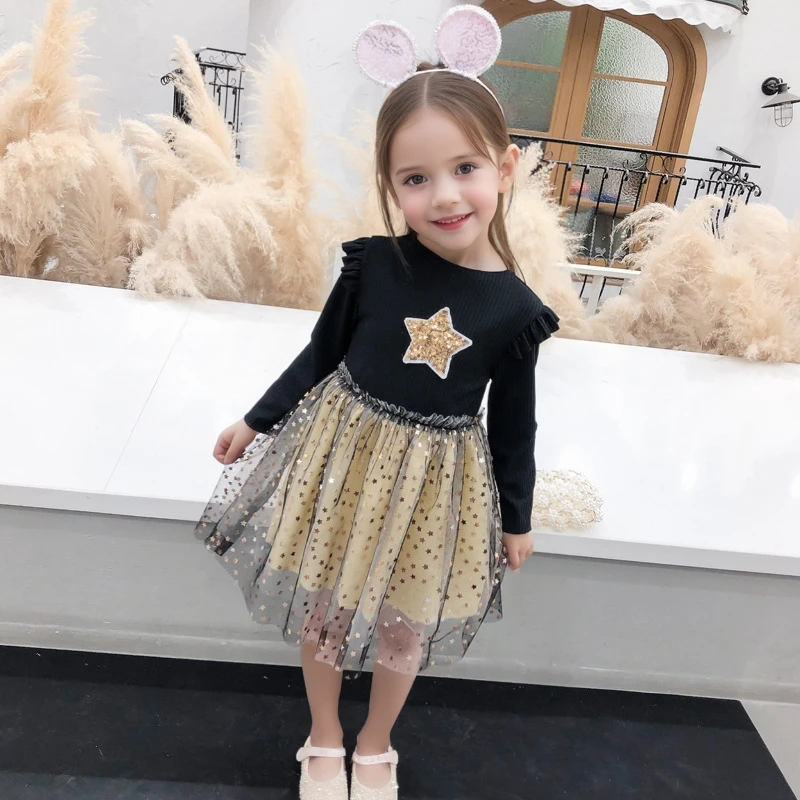 Baby Girl Princess Dress Star Sequined Tulle Dress Toddler Kid Clothes Long Sleeve Children Birthday Party Costume Outfit A831