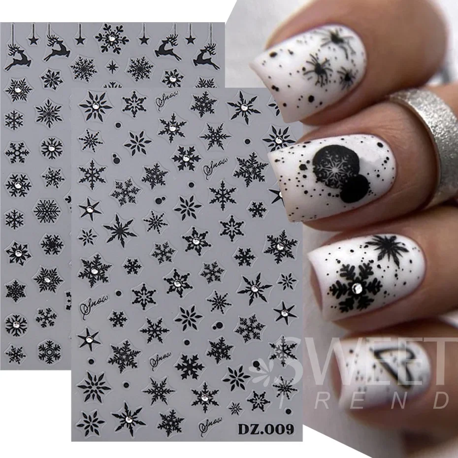 5D Sneeuwvlok Winter Nagelsticker Met Strass Wit Zwart Goud Elanden DIY Kerst Xmas Decal Slider Manicure Kunst Decoratie