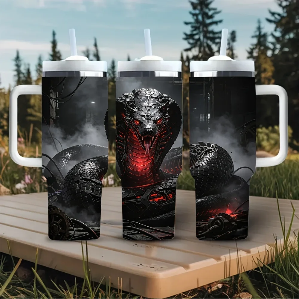 40oz Tumbler with Handle, Features Cool Mechanical Red Eyed Black Snake Print, Suitable for Men And Women, Fits Hot And Cold Drinks, Ideal for Daily Use, Outdoor Travel And Camping Activities.