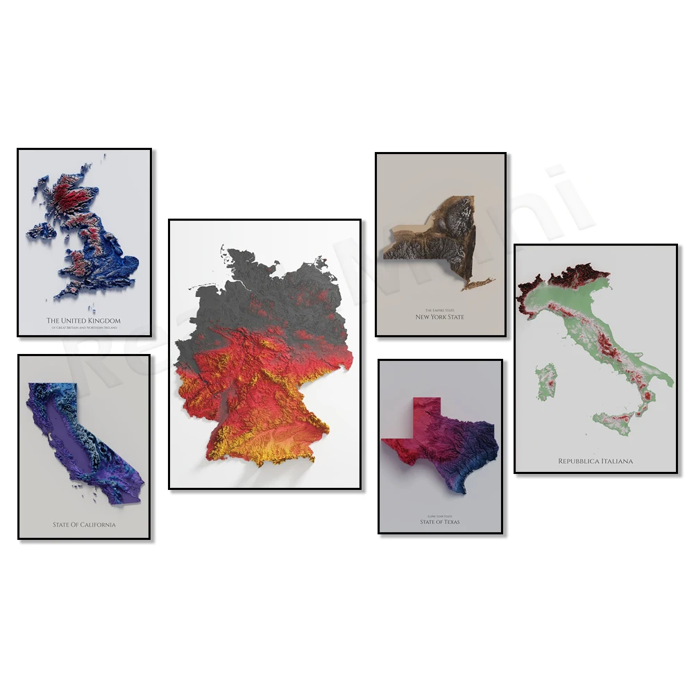 Shaded topographic map of Great Britain, USA, Germany, California, Texas, New York, Virginia, Spain, canvas print poster