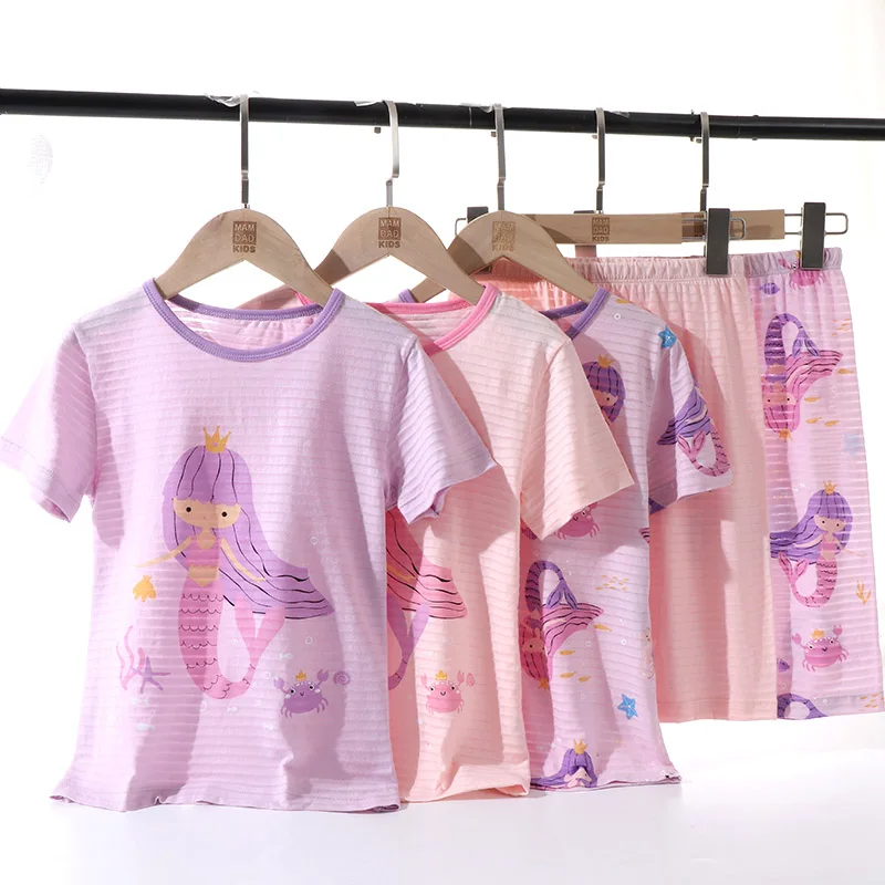 2-16 Years Girls Pyjamas 100% Cotton Summer Girls Kids Short Sleeve Home Wear Mermaid Pink Purple Thin Pajamas Sets Sleepwear