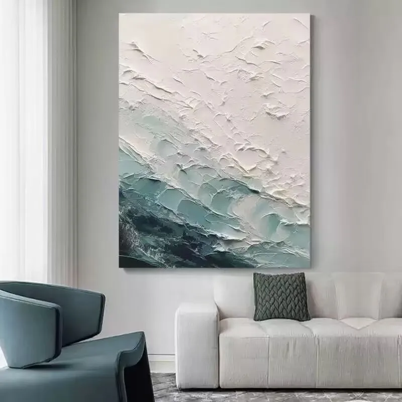 Pure Handmade Oil Painting，Blue Abstract Wave Texture,Wall Art Poster, Pictures to Paint on Canvas, Living Room,Bedroom,Office