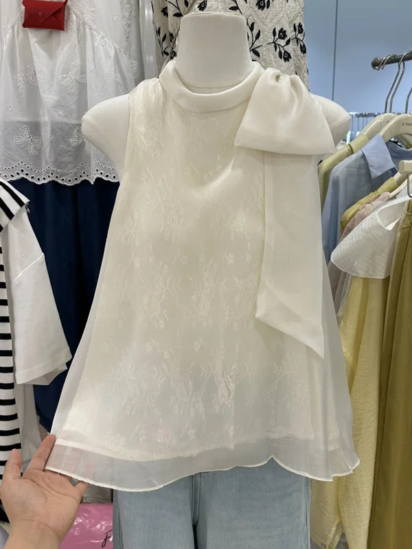 

Korean Style Gentle Knot Neck Hanging Sleeveless Shirt Women's Summer Slimming Fashionable Top round Neck Casual Shirt