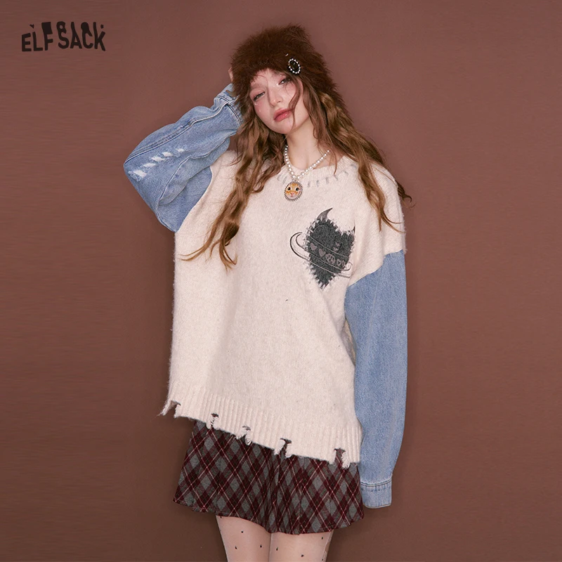 

ELFSACK Women's Pullover Sweater Long Sleeve Denim Patchwork Sleeves Embroidered Loose Fit Preppy Yuppie Style Winter