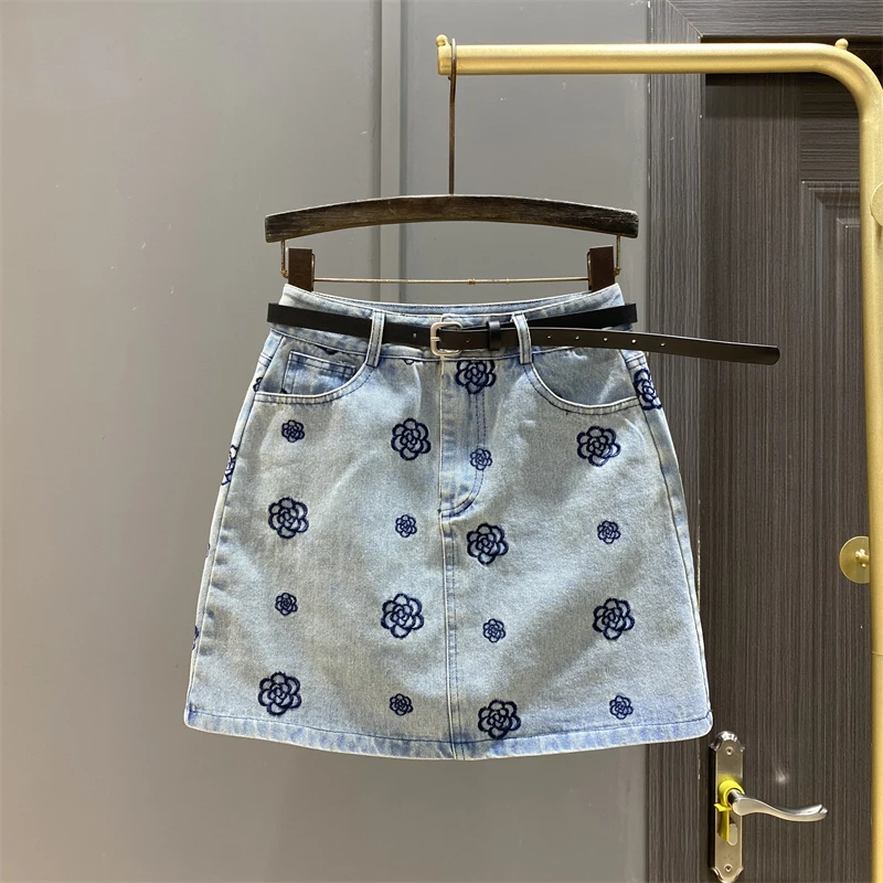 2024 Summer New Embroidery Denim Mini Skirts Women High Waist Vintage Ladies Slimming Hip-wrap Dress Sexy A-word Skirt Faldas