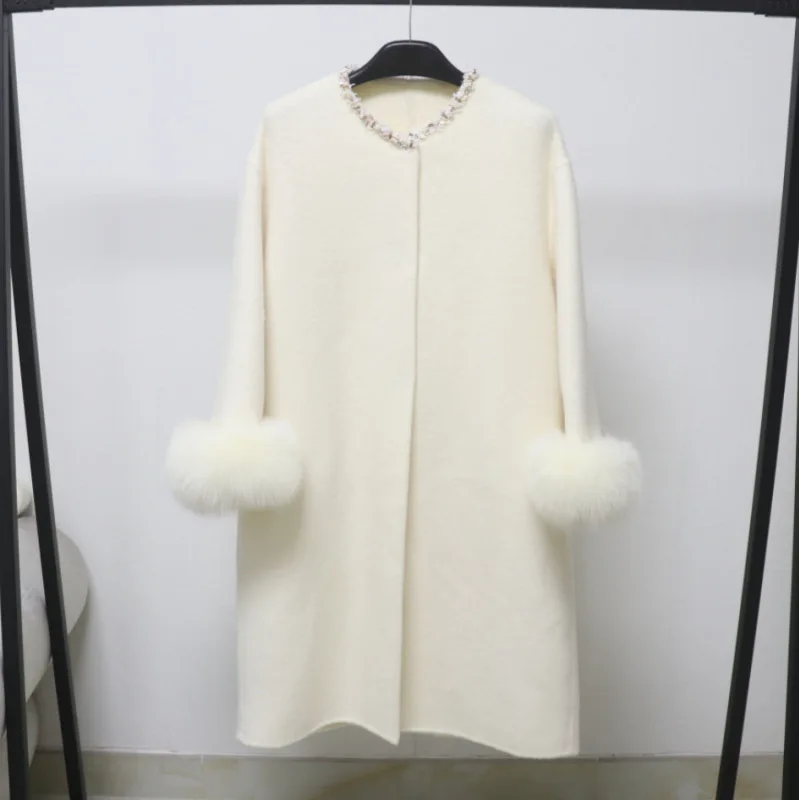 

Пальто из искусственного меха с отстегивающимися рукавами из натурального лисьего меха, весна-зима 2026, средней длины, с круглым вырезом, шерстяное пальто-тренч