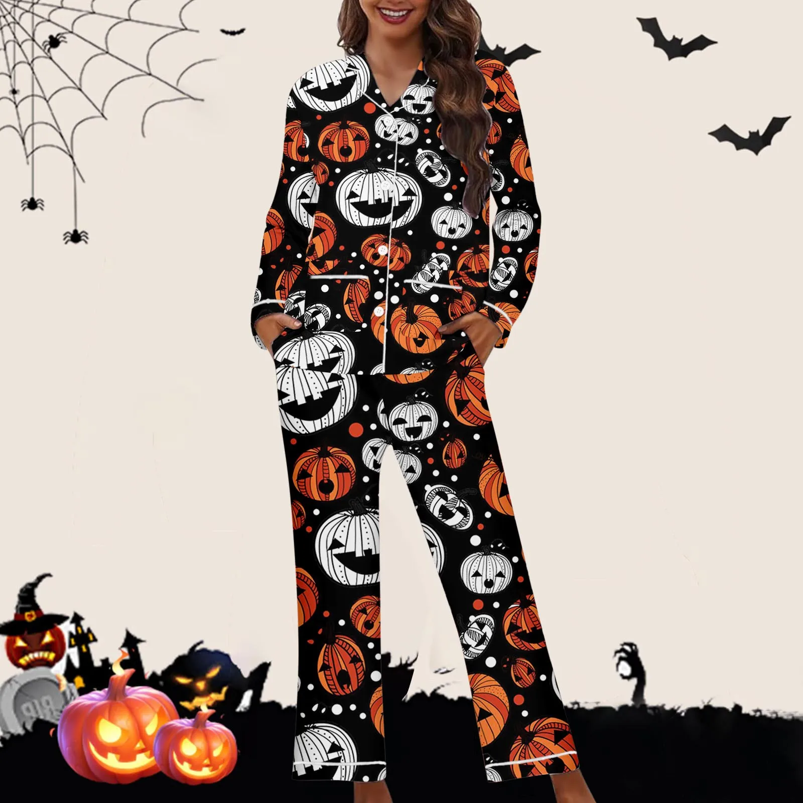 Women Halloween 2 Pieces Pajama Set Pumpkin Print Short Sleeve Button Closure Shirt with Pants Autumn Sleepwear Loungewear