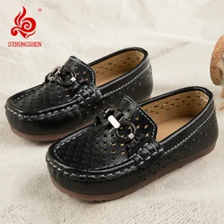 STRONGSHEN Boys Leather Hollow Shoes Designer Fashion Flat Loafers For Toddler Children Casual Cut-outs Breathable Moccasin Shoe