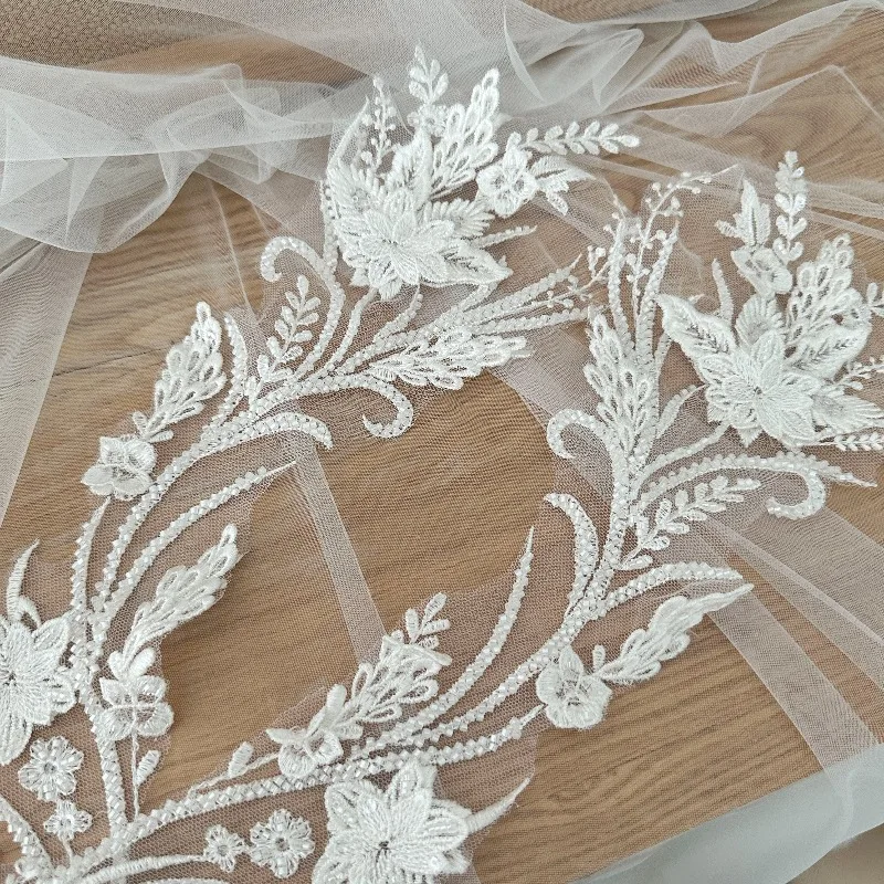 Beaded 3D Flower Handmade Mesh Embroidered Lace Floral Veil Pair for Elegant Style