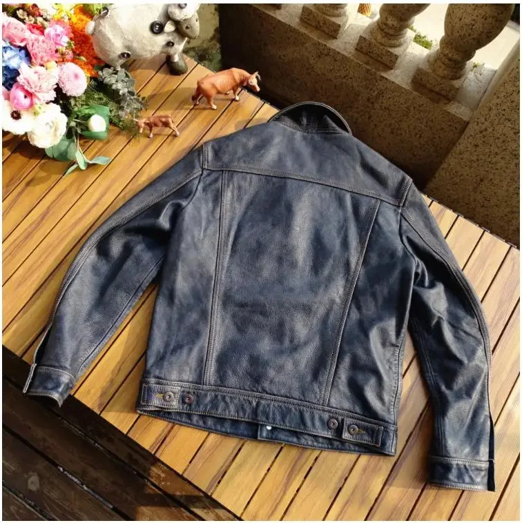 shipping.Spring Free indigo vintage Rider 101 style leather coat.Classic casual slim fit cowhide jeans jackets.Men popular