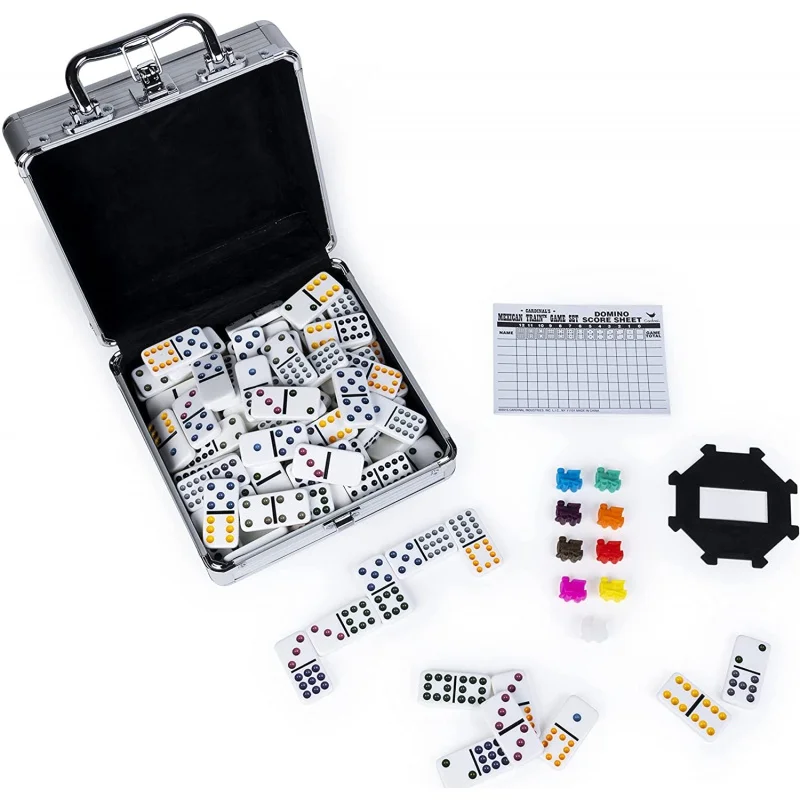 Mexican Train Dominoes Game in Aluminum Carry Case, for Adults, Families and Kids Ages 8 and up